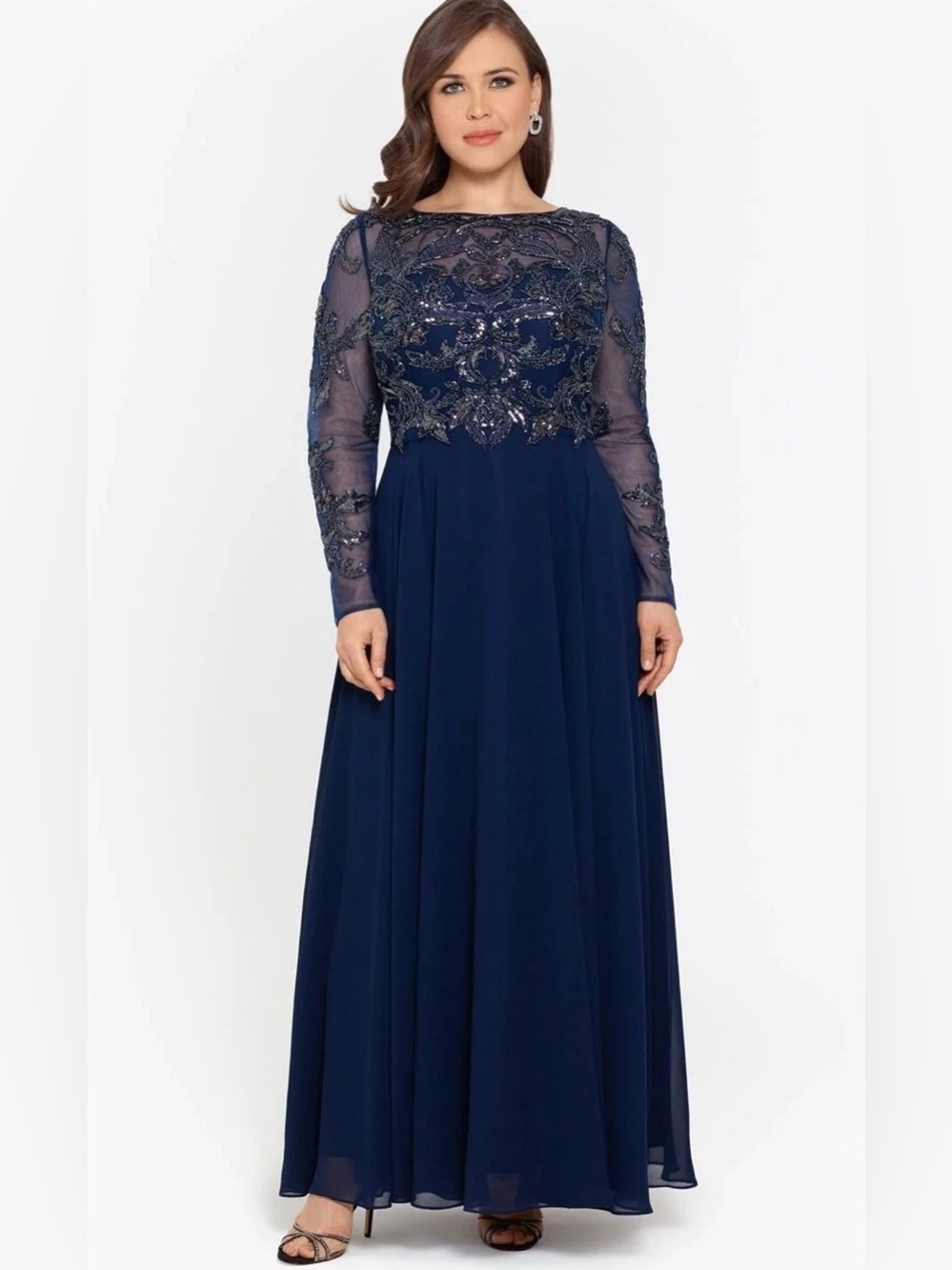 New Plus Size Xscape Mason Beaded Chiffon Gown in Navy Size 22W